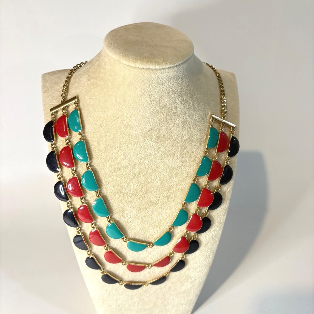 Gold Tone Multi Strand Enamel Bib Necklace Teal Red Black Statement Jewelry